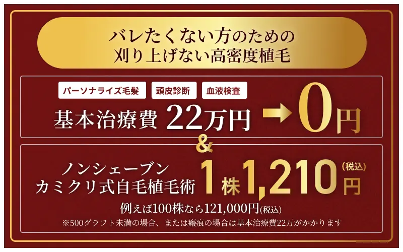 【バレたくない方のための先着15名様限定特別キャンペーン】基本治療費 0円！＋「刈り上げない⾃⽑植⽑」ノンシェーブンンカミクリ式植毛術が通常価格1,650円（税込）が1株1210円（税込）！例えば100株なら121,000円(税込) 