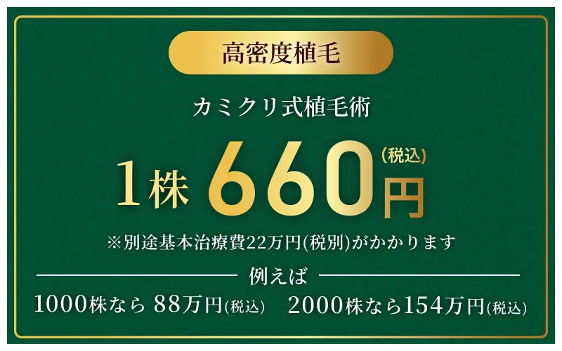 【1000株以上限定の特別オファー】2025年1月末までに施術を受けられる方限定、1株660円！※別途基本治療費がかかります。例えば、1000株なら88万円(税込) 、2000株なら154万円(税込) 