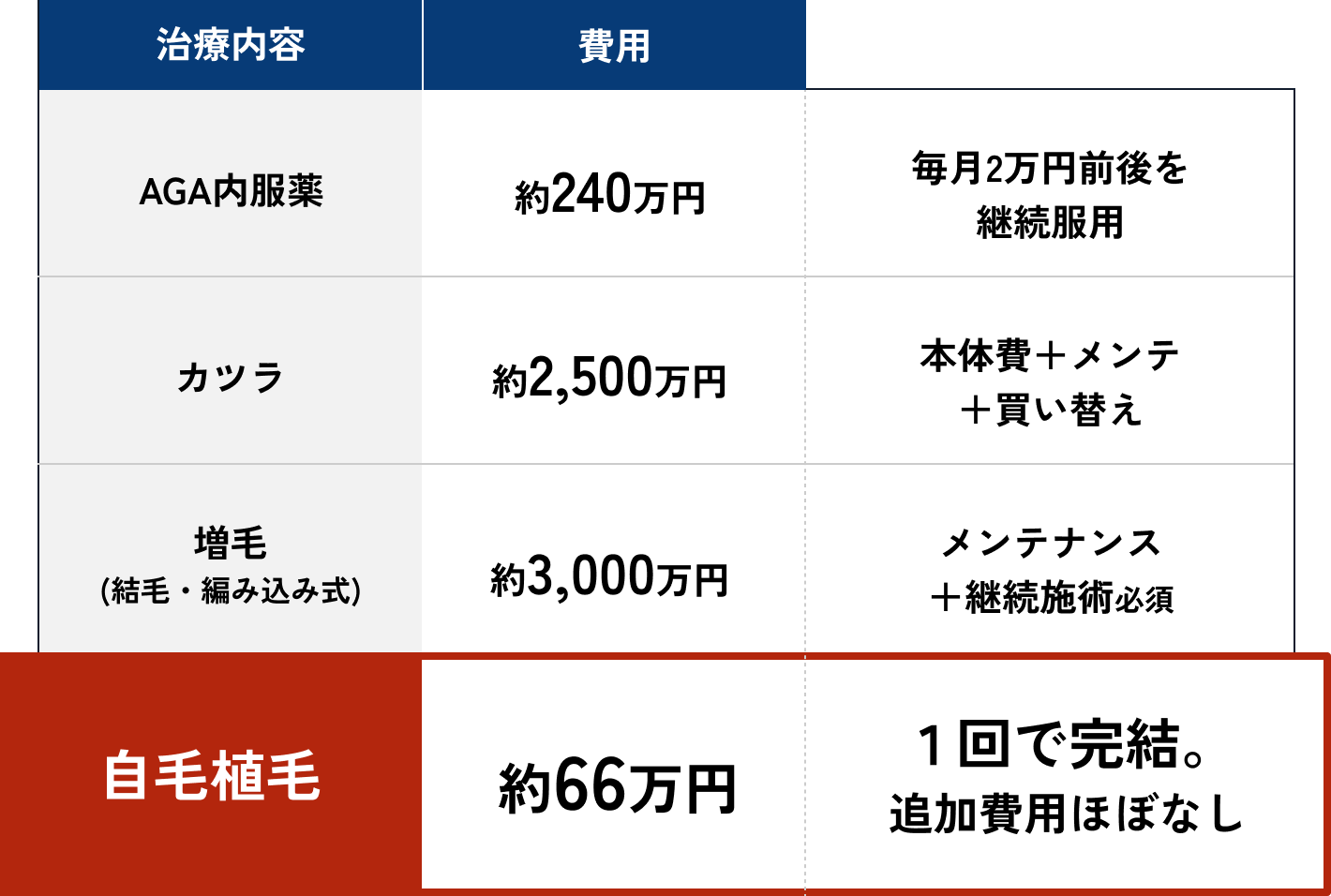 自毛植毛 約66万円 1回で完結。追加費用ほぼなし