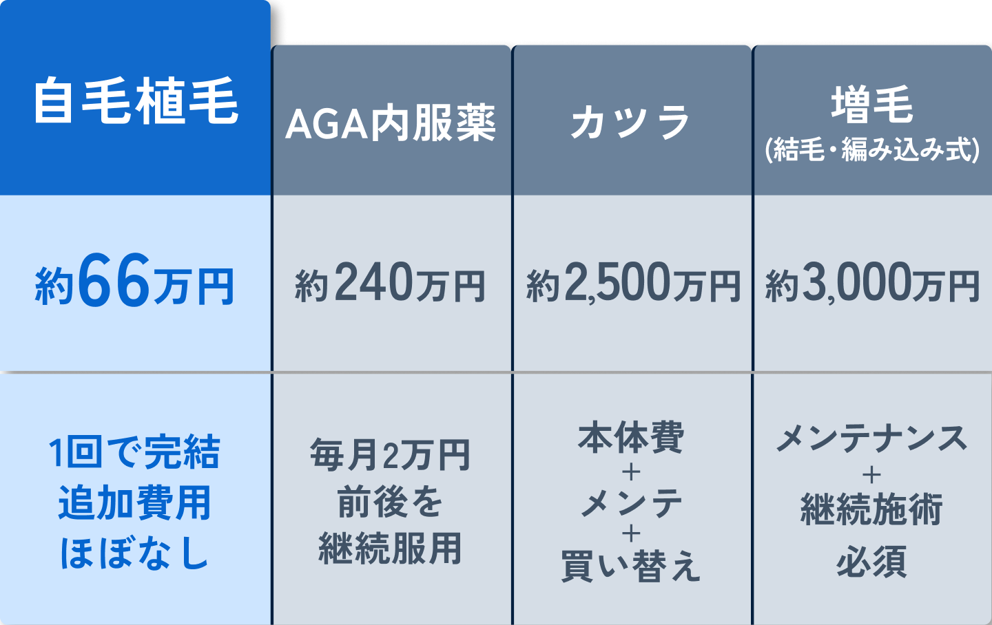 自毛植毛 約66万円 1回で完結。追加費用ほぼなし